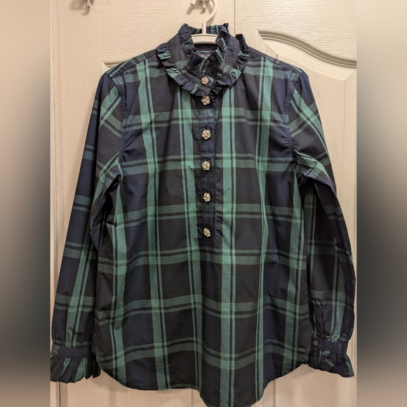 J.Crew Ruffleneck in Black Watch Tartan with Jewel Buttons - Picture 2 of 4